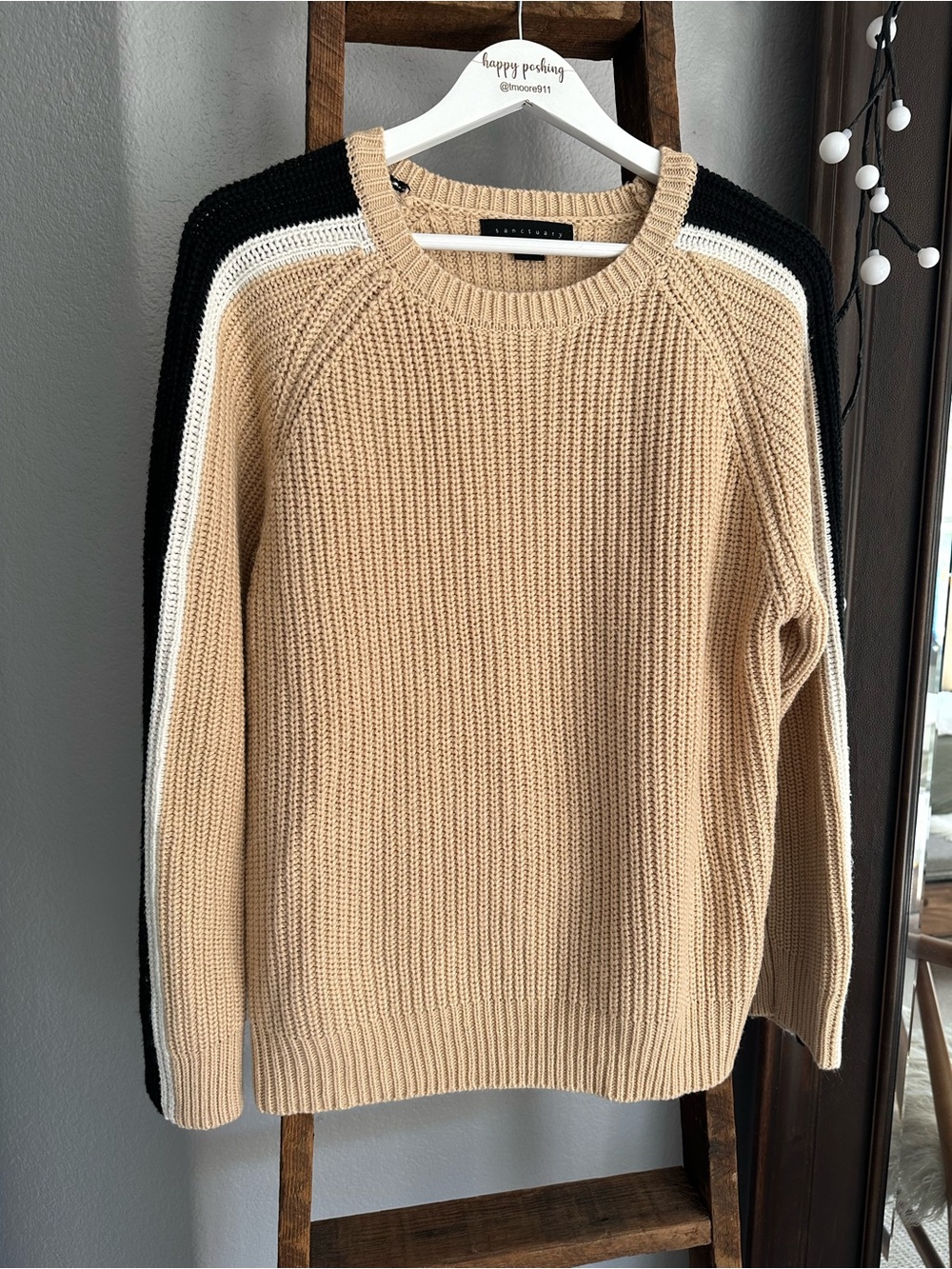 Sanctuary crewneck Sweater with Black & White Stripe Sleeve, size large - Picture 5 of 16